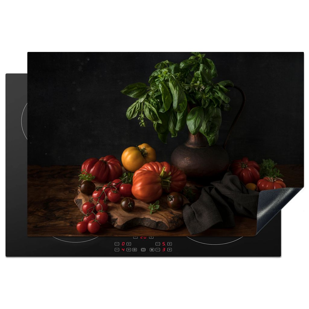 KitchenYeah Herdabdeckplatte Stilleben - Tomaten - Basilikum - Gemälde - Gemüse - Schwarz , 78x52cm, Küche Deko, Glaskeramikkochfeld Herdabdec...