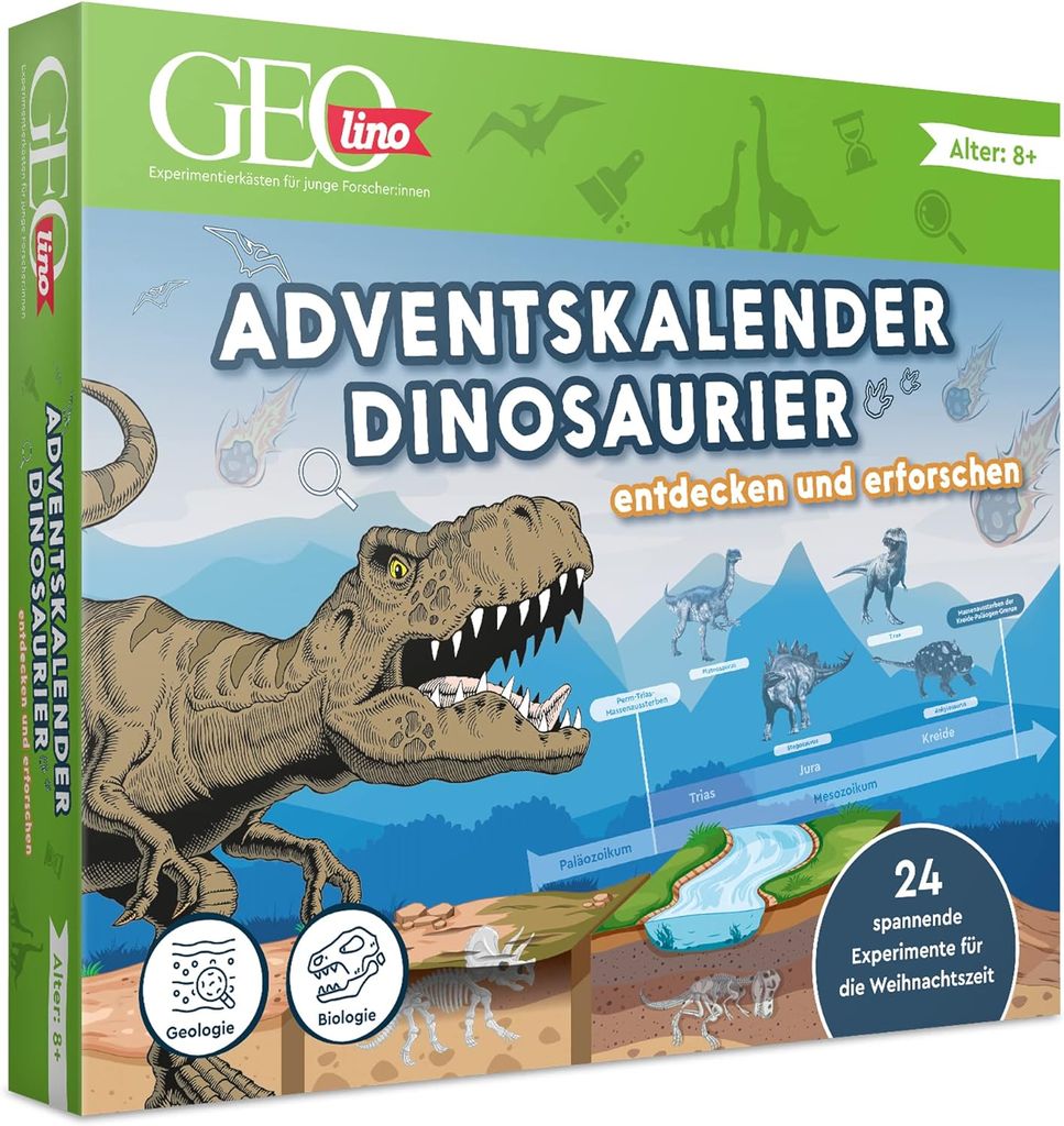The image shows the front of a Geo lino Dinosaur Advent Calendar box, featuring a Tyrannosaurus Rex illustration and various dinosaur graphics.