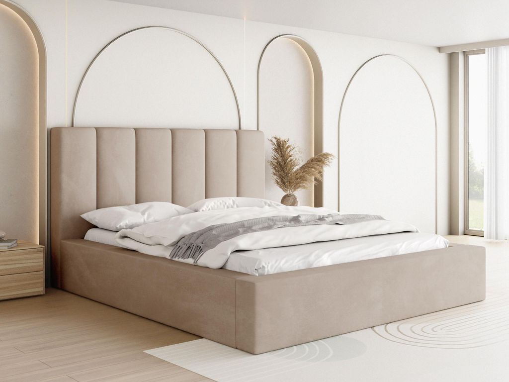 Polsterbett 160x200 mit Bettkasten und Lattenrost – Bett mit hohem Kopfteil, Boucle oder Samt Stoff – Modernes Doppelbett mit Stauraum – Bett...