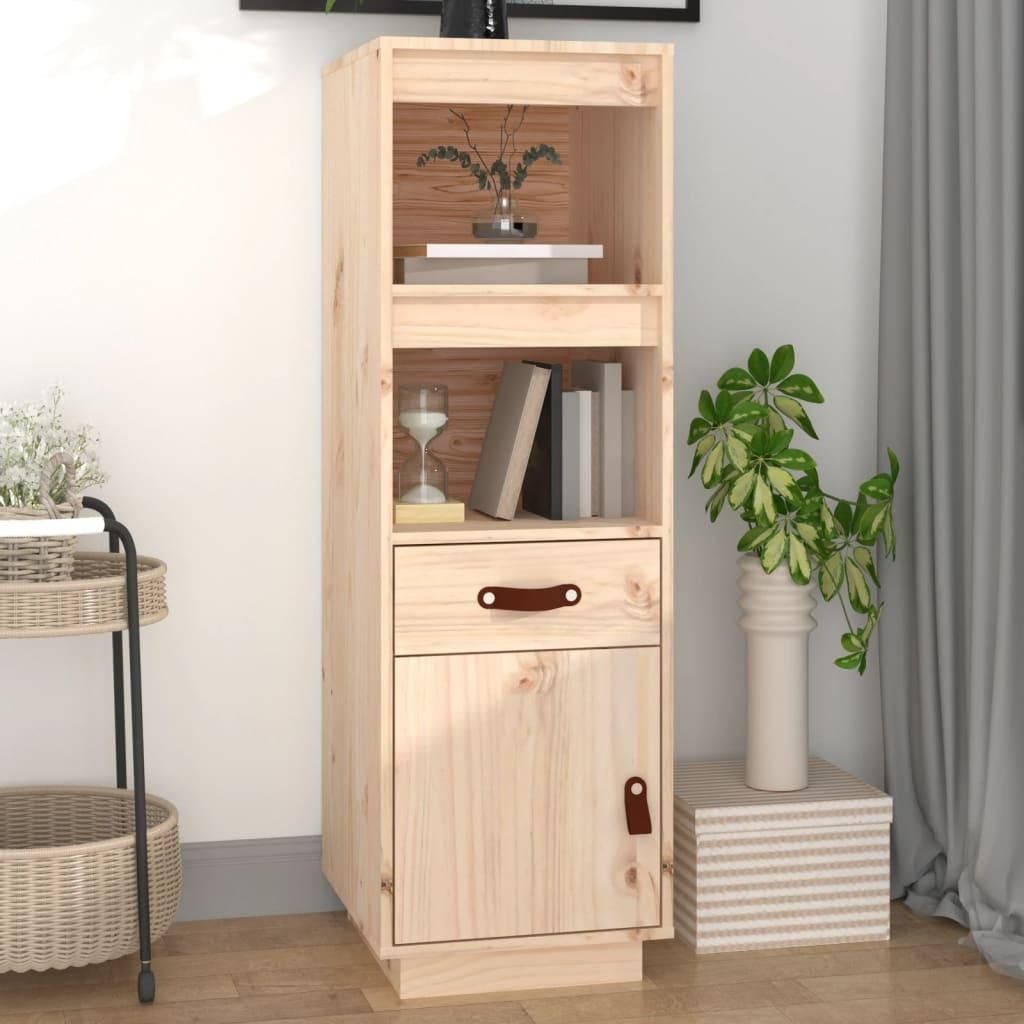 A tall, narrow wooden cabinet with shelves, a drawer, and a door, placed in a room setting with a plant and curtains in the background.