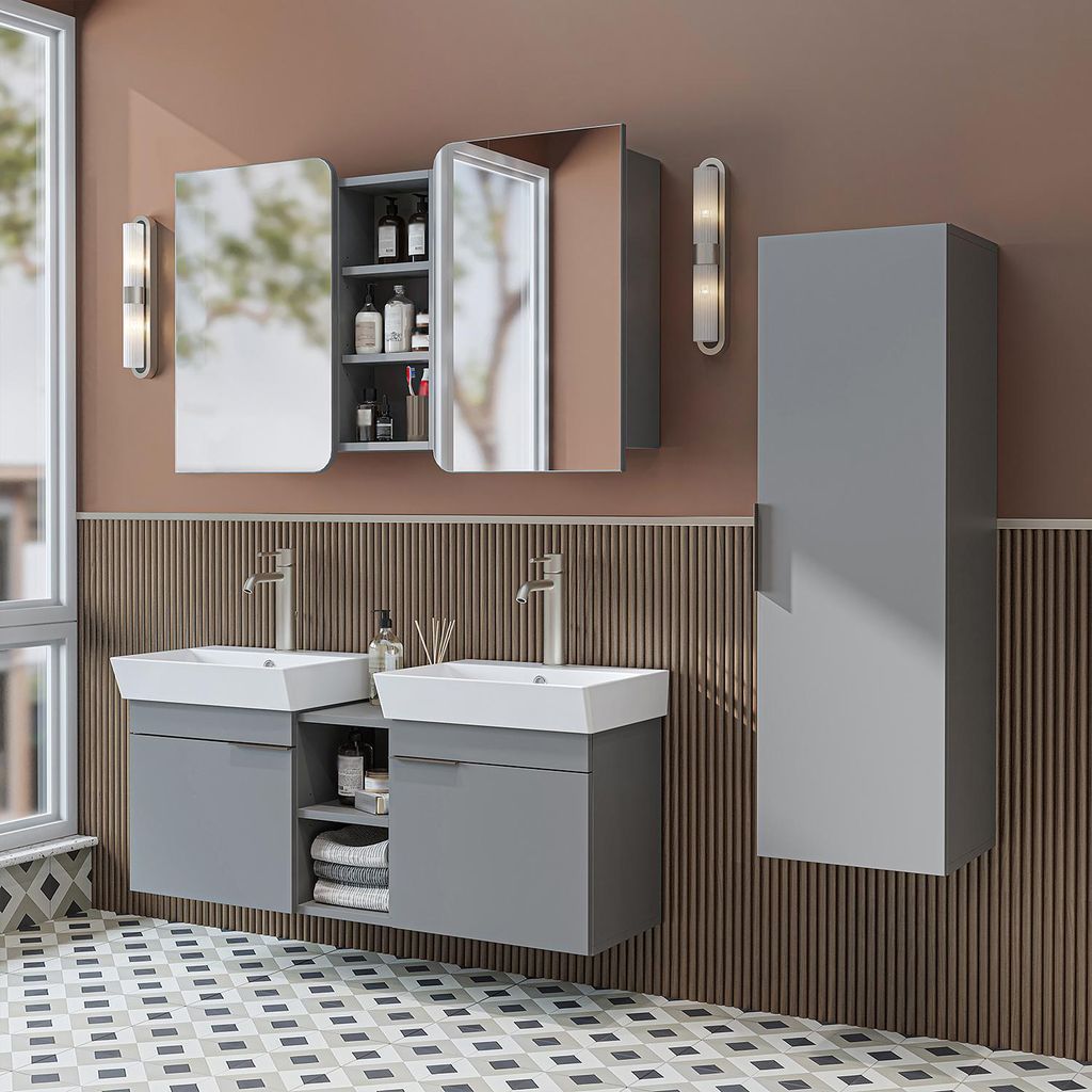 Roomart LYCIA-120 Badmöbel Set– 2-teiliges Badezimmermöbel Set - Waschbecken mit Unterschrank - H 54 x B 38.6 x T 121 cm - Grau
