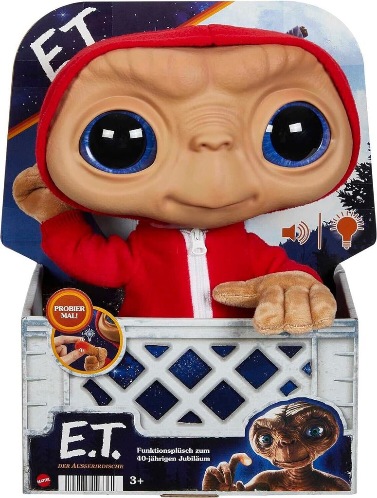 A plush toy of E.T. the Extra-Terrestrial is displayed in its retail packaging.