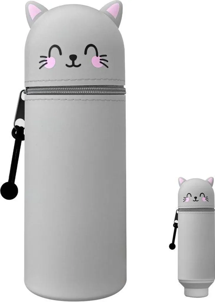 Étui à stylos rétractable chat gris en silicone - Accessoire bureau 2 en 1