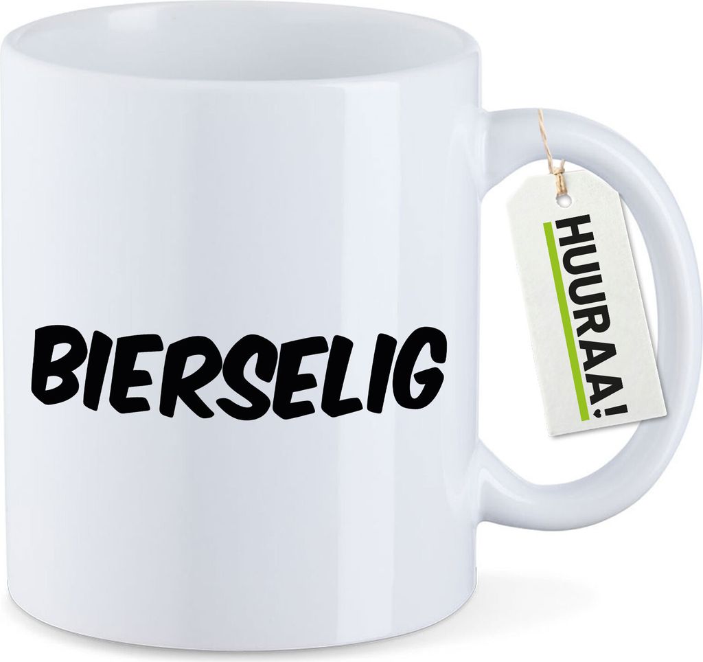 Huuraa Kaffeetasse Bierselig Schriftzug 330ml Weiß Keramik Kaffeebecher Geschenkidee