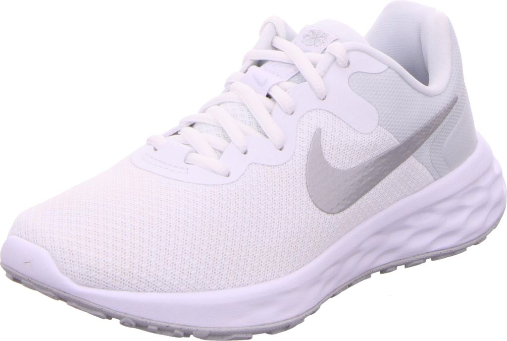 A single white Nike running shoe is shown from a side-diagonal angle against a white background.