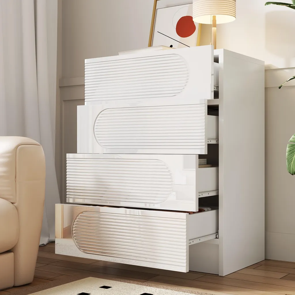 Sideboard compact blanc 4 tiroirs - Solution gain de place pour salon