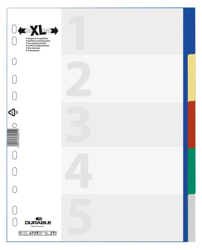DURABLE Index A4+ 5 part. onglets colorés neutre PP, Image du produit 