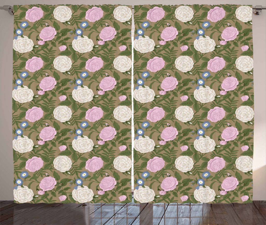 ABAKUHAUS Botanisch Rustikaler Gardine, Romantische Rosen-Zweige, Schlafzimmer Kräuselband Vorhang mit Schlaufen und Haken, 280 x 175 cm, Mehrfarbig