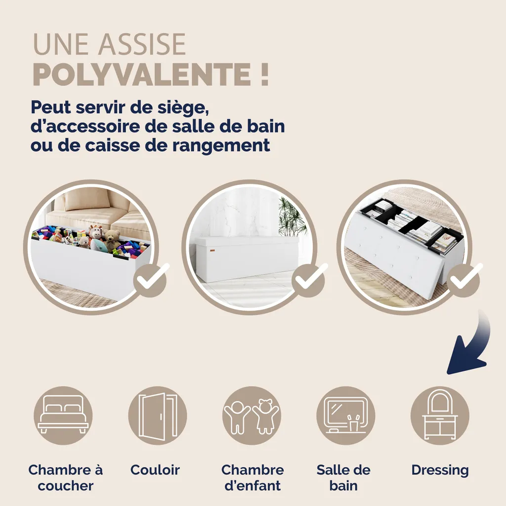Solution gain de place : Banc coffre blanc pliable 131L Rangement 115cm