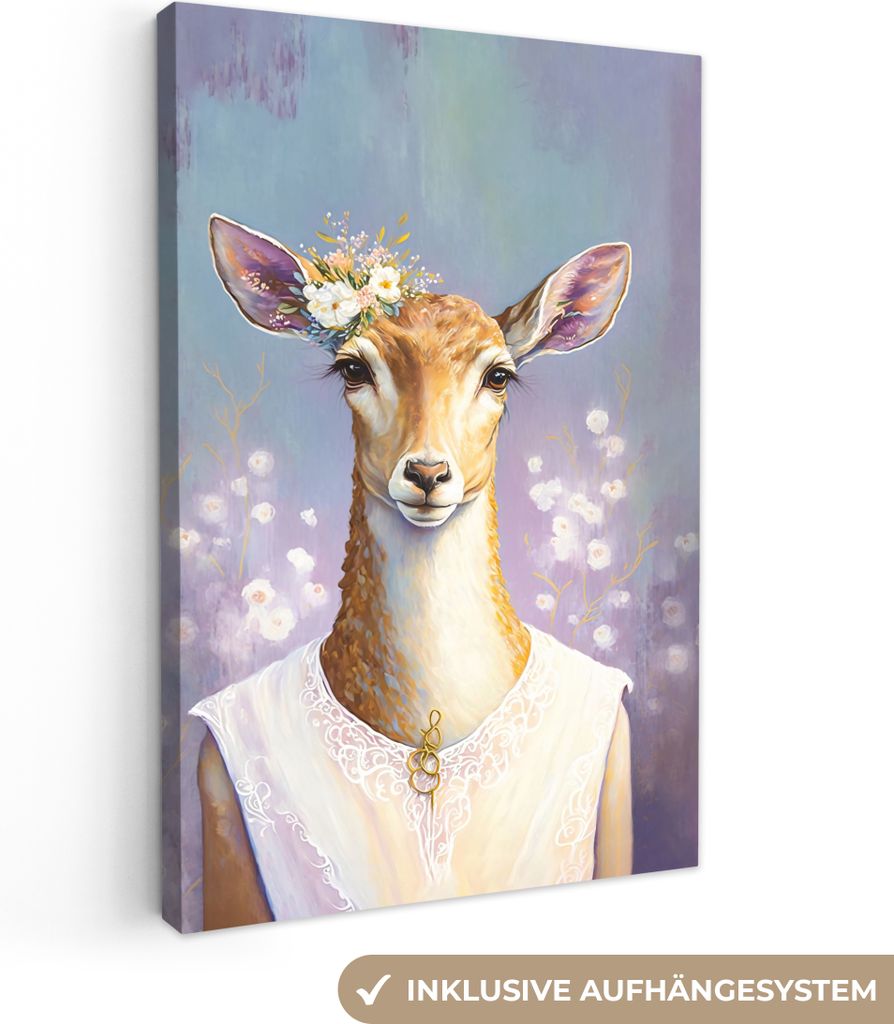 OneMillionCanvasses - Leinwandbilder - 90x140 cm, Hirsche - Blumen - Gemälde - Porträt - Tiere, Wandbilder Kunstdruck Wanddekoration - Foto auf...