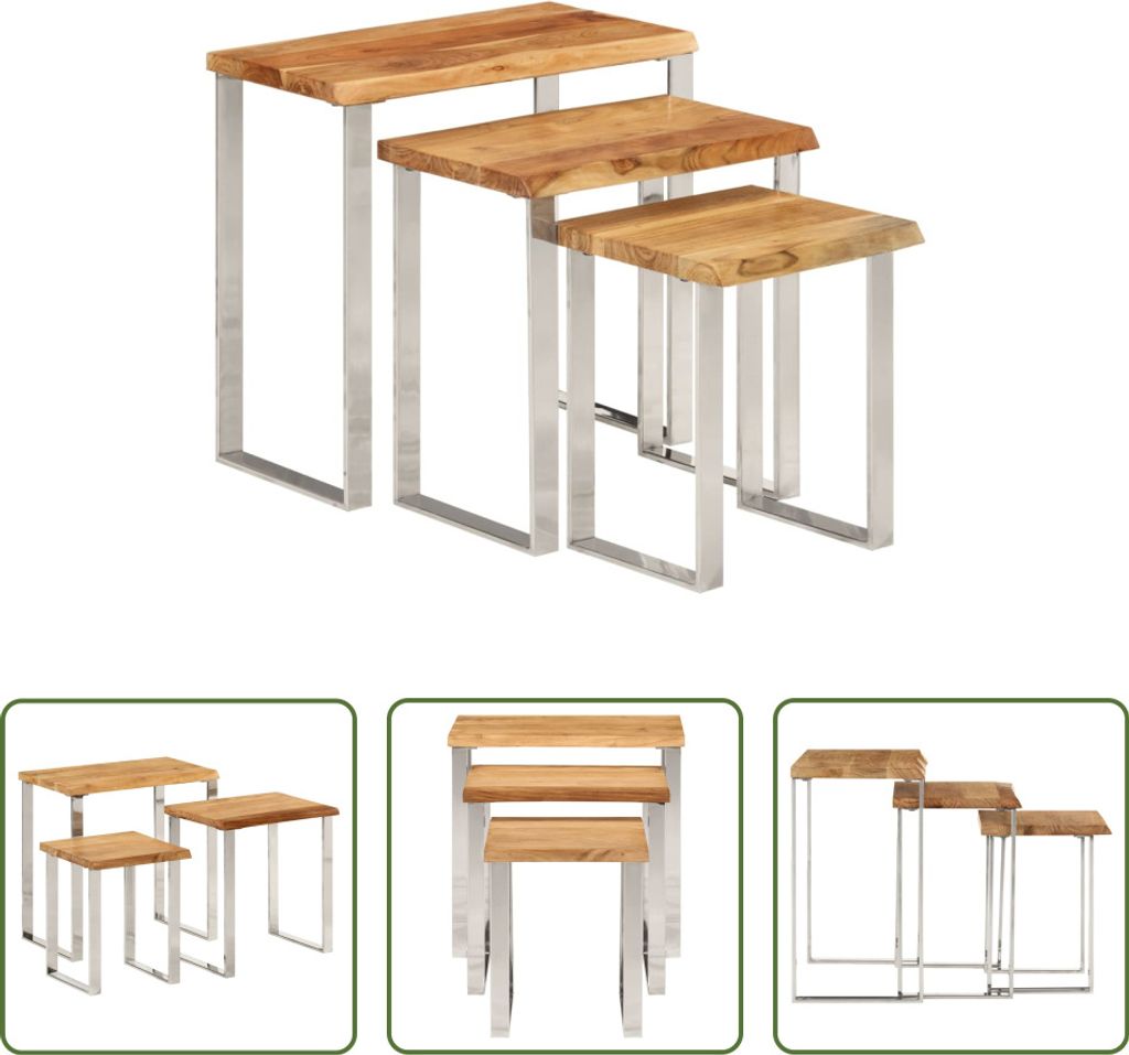 The Living Store Satztische mit Baumkante 3 Stk. Massivholz Akazie