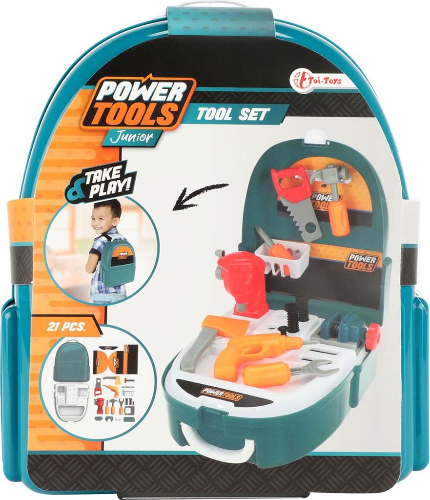 Toi-Toys - Power Tools - Werkzeugset im im Rucksack 21-teilig Kinder ab 4 Jahren Spielzeug
