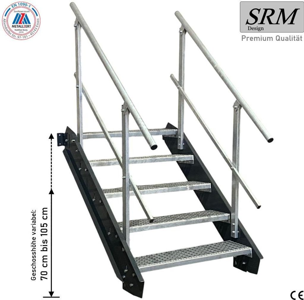 5 Stufen Stahltreppe anthrazit Breite 140 cm Geschosshöhe 70 - 105 cm 2x Geländer