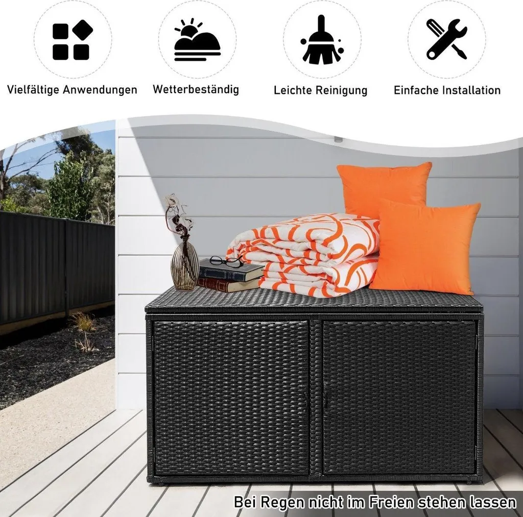 Coffre pour coussins de jardin 335 L en rotin avec portes et couvercle