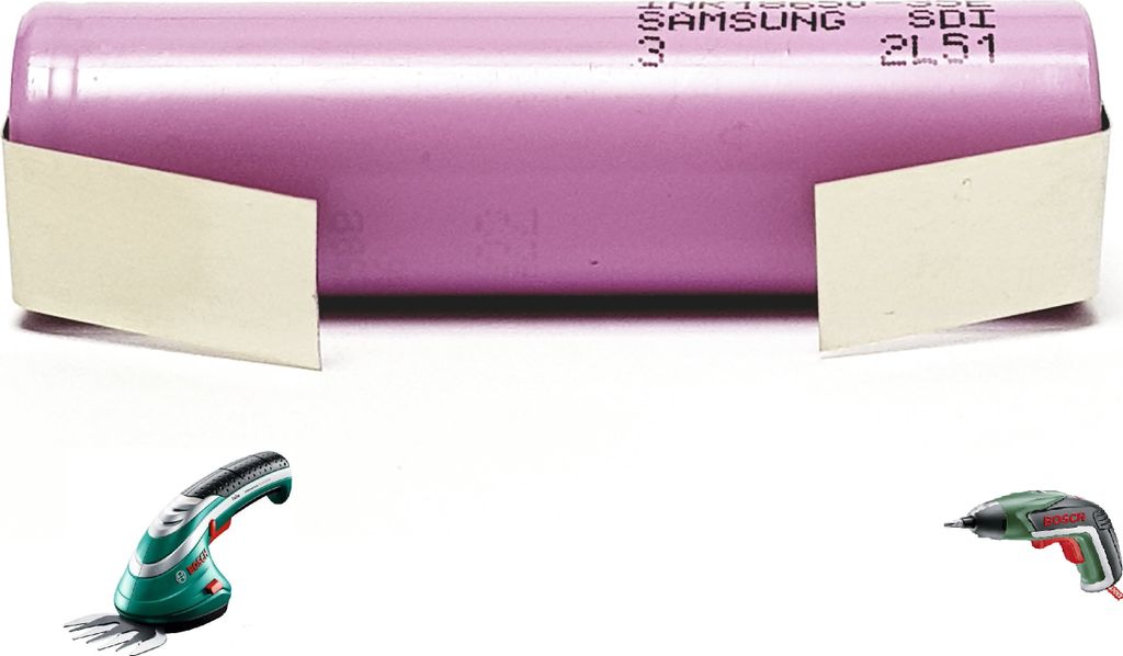 A battery pack is shown with two small tools below it.