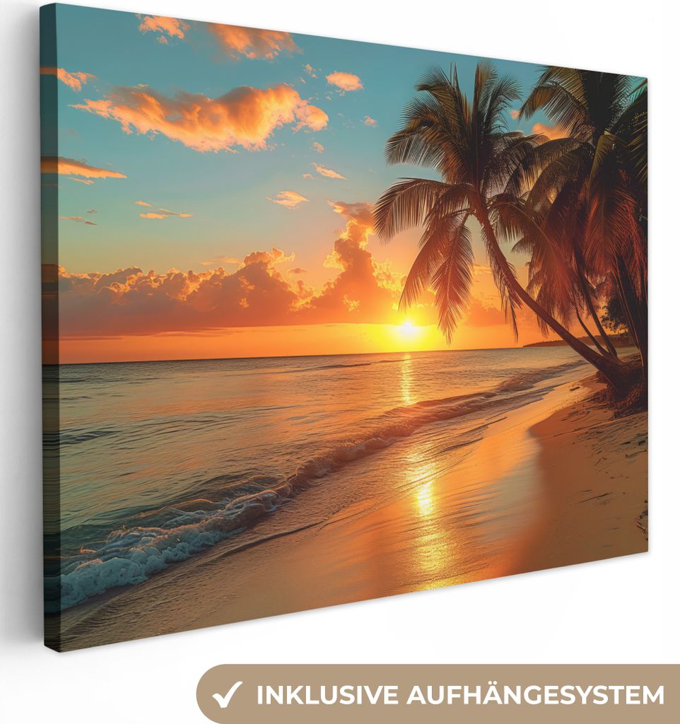 MuchoWow - Leinwandbilder - Sonnenuntergang - Strand - Palmen - Meer - Sonne, Wandbild, Wanddeko Bilder Wohnzimmer, 40x30 cm