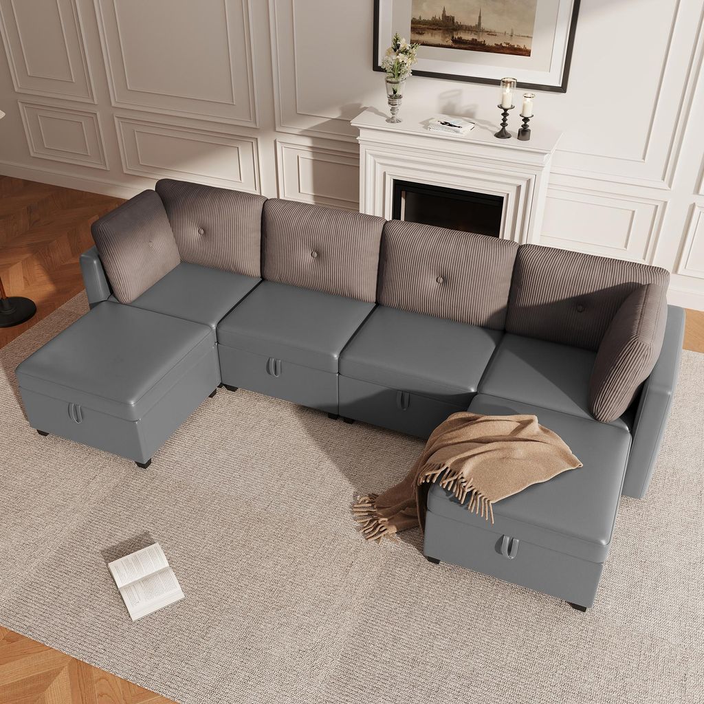 MODFU U-förmiges Sofa Modulares Sofa Für 5–6 Personen geeignet Ecksofa mit Stauraum Wohnzimmersofa Schlafsofa mit Armlehnen und Polstern Sitzgr...