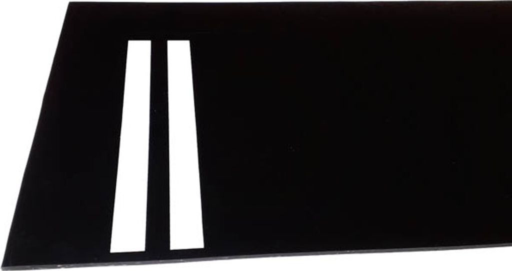 A black object with two white stripes on a black background.