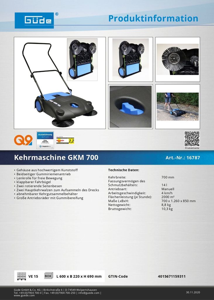 Produktbild von Güde Kehrmaschine GKM 700 – Manuelle Bodenreinigung Mit 700 Mm Breite, 14 L Behälter, 2000 M²/h Flächenleistung
