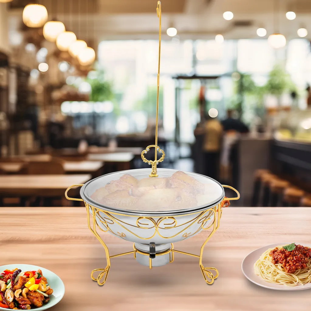 Chafing Dish en Inox Doré Luxe avec Couvercle de Visualisation en Verre