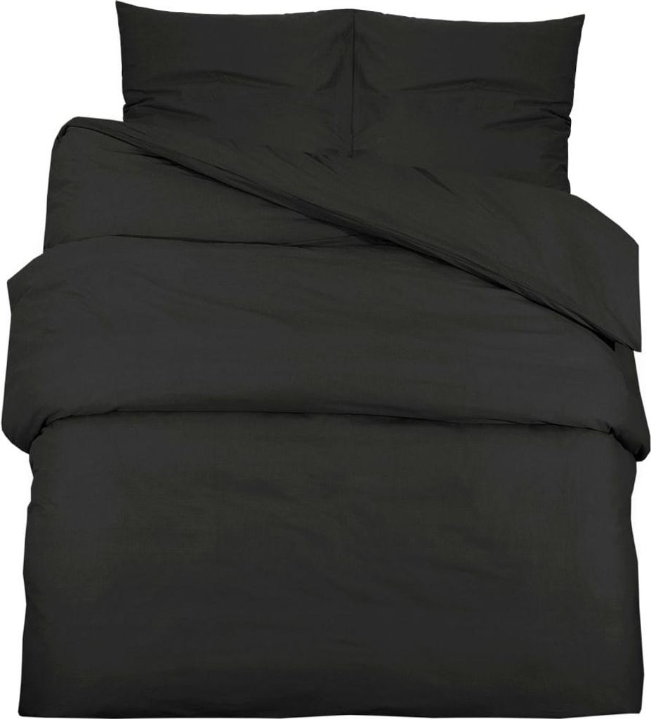 A black duvet cover and pillow set laid out on a white background.