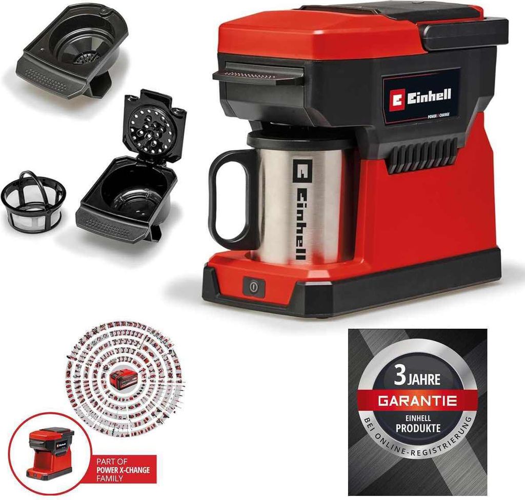 Einhell Akku-Kaffeemaschine TE-CF 18 Li-Solo Power X-Change 18 V, 240 ml Wasserbehälter, für Filterkaffee & Kaffeepads, Tragegriff, inkl. Kaffeet...