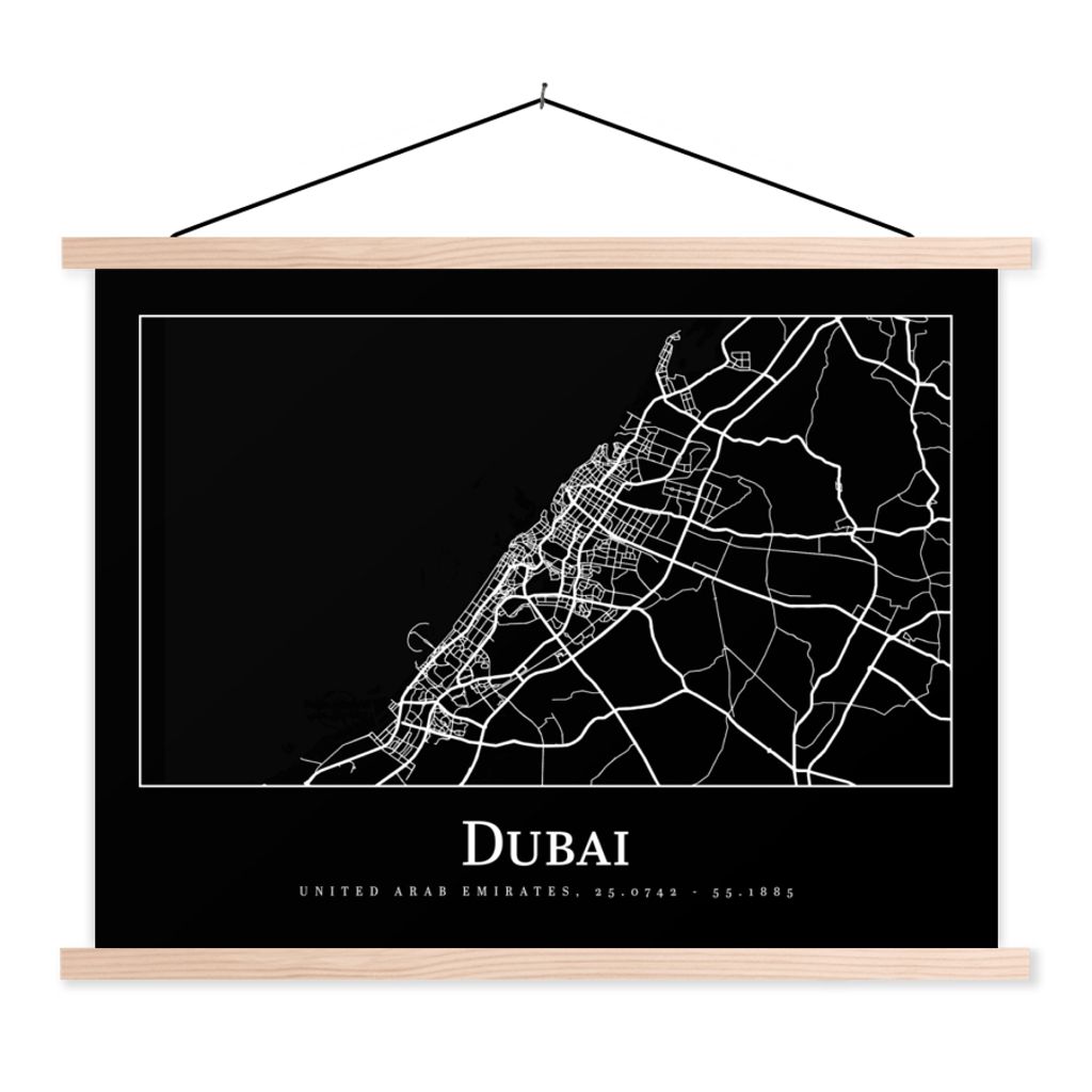 MuchoWow Textilposter Dubai Stadtplan - Karte 120x90 cm mit holzfarbenen Rahmen - Magnetisch