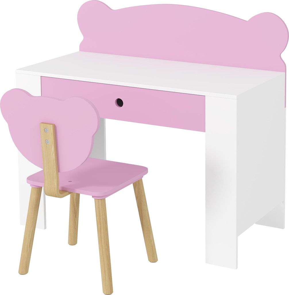 Schreibtisch-Set für Kinder, Arbeitstisch und Stuhl mit Bärenform, Schublade, zum Schreiben und Basteln, 3-8 Jahre, Rosa