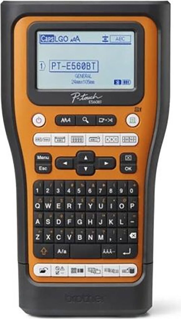 A Brother PT-E560BT label printer is shown against a light gray background.