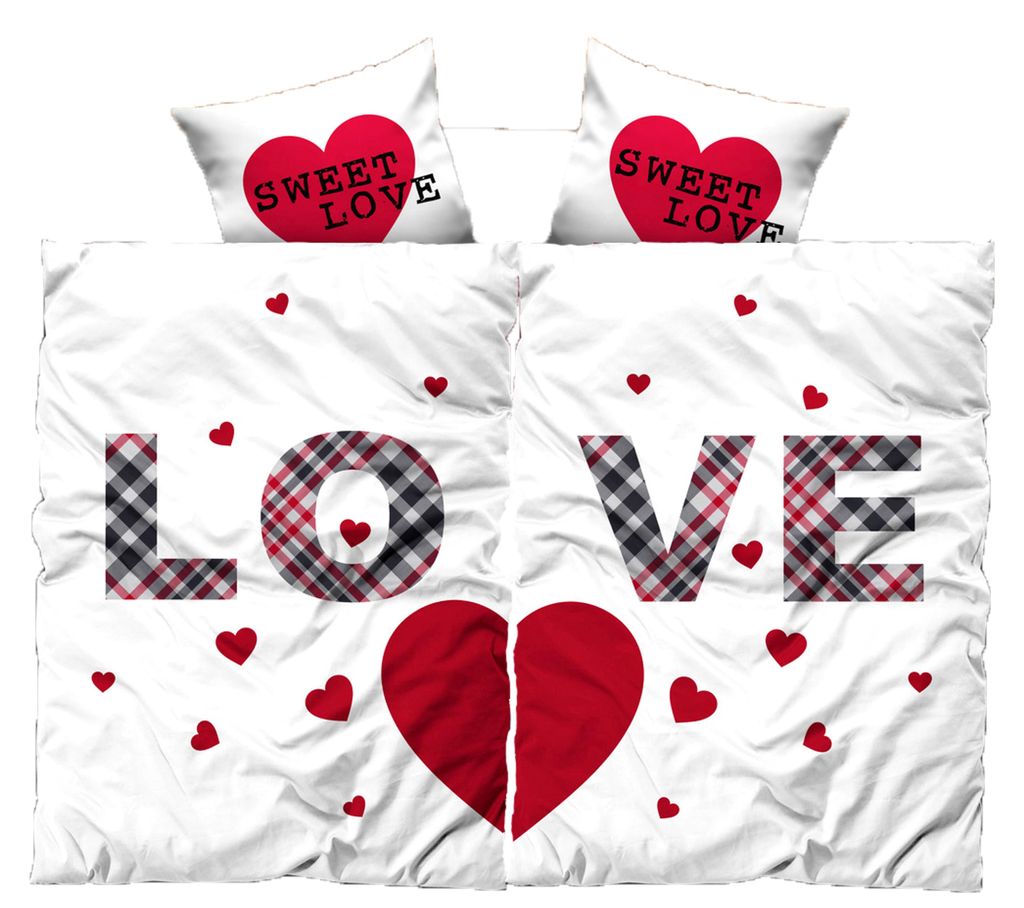4 teilig Bettwäsche 135x200 cm Love Herzen Partner rot weiß Produktbild 