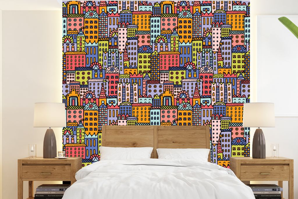 MuchoWow Fototapete für Wohnzimmer oder Schlafzimmer Wandtapete Vinyl Motivtapete Haus - Regenbogen - Muster - 240x260 cm - Tapezier Papier