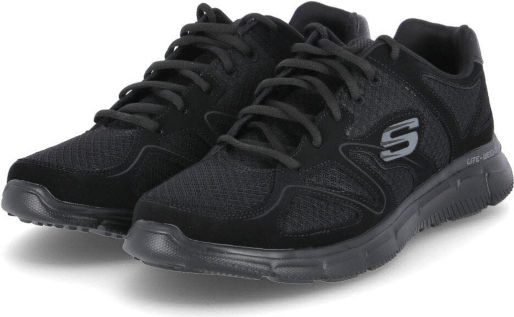 A pair of black Skechers athletic shoes.