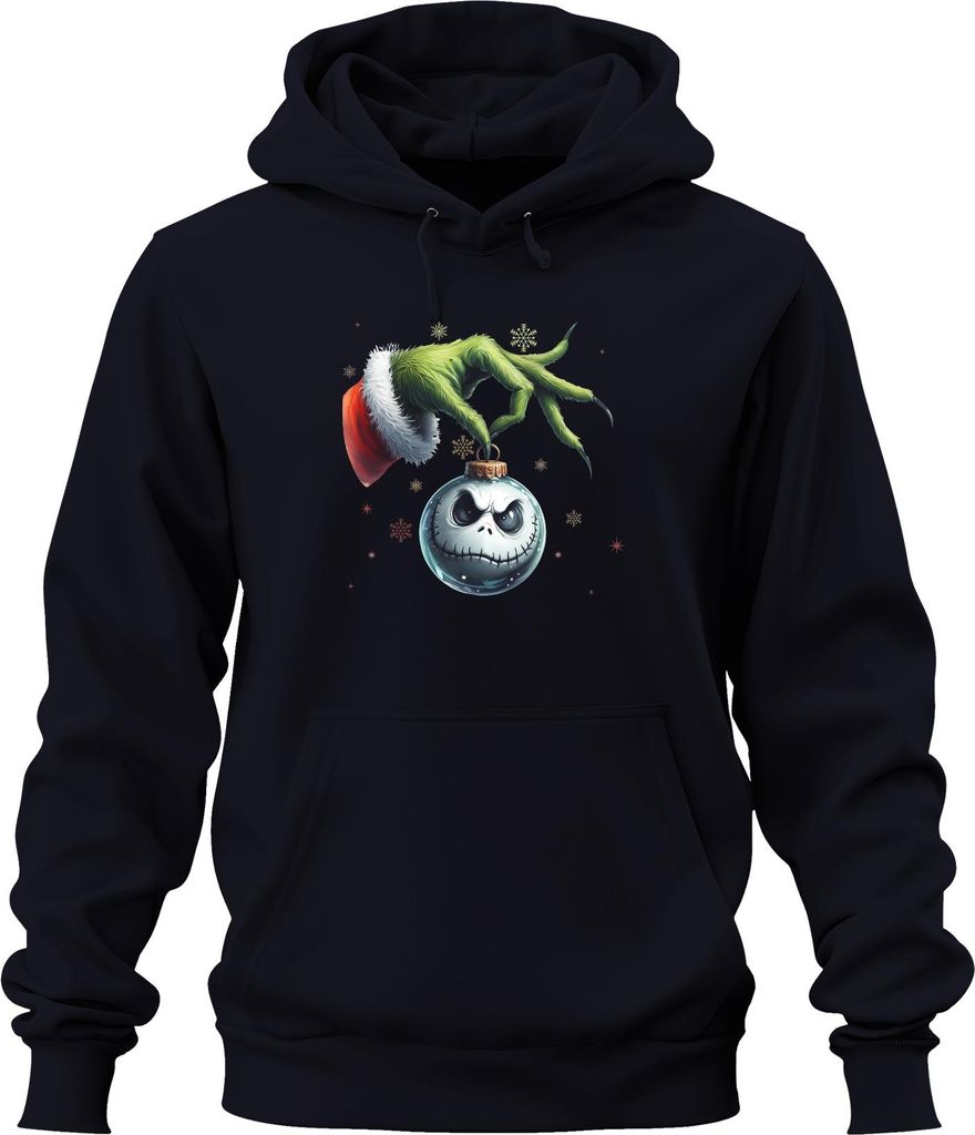 Grinch Hand Jack Skellington Weihnachtskugel düster Retro Uni Hoodie Kapuzenpullover, Navy, L