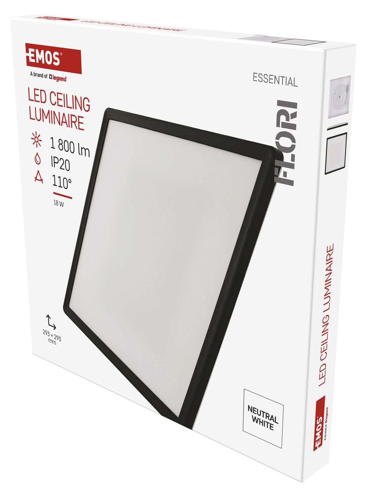 LED přisazené svítidlo FLORI čtvercové, černé, 18W, neutrální bílá