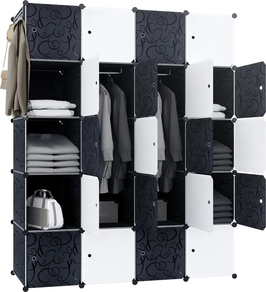 YUENFONG sistema di scaffalatura guardaroba portascarpe con barra appendiabiti, armadio modulare combinato, sistema di scaffalatura plug-in salvaspazio, libreria armadio portatile pieghevole con ante (20 cubi, nero+bianco)