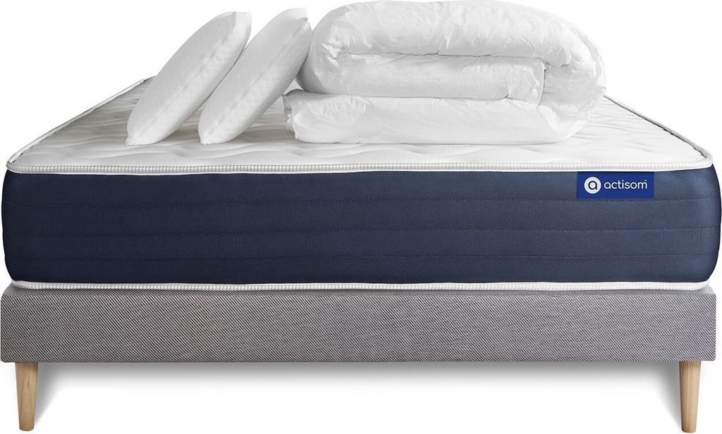 Komplettpaket Bett - Matratze 180x200 cm + Boxspringbett mit Lattenrost (im Set) + 2 Kopfkissen + Bettdecke - Actiflex Sleep