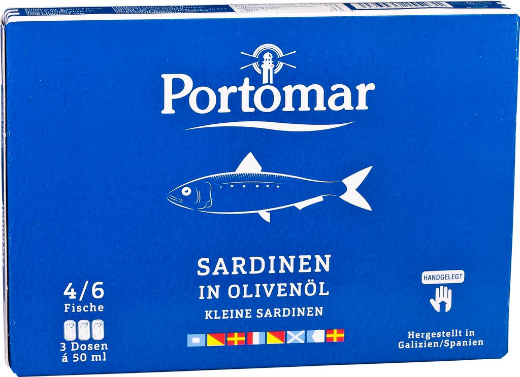 Kleine Sardinen in Oliven Öl mit Haut und mit Gräten (plain), 3 x 50g Dosen