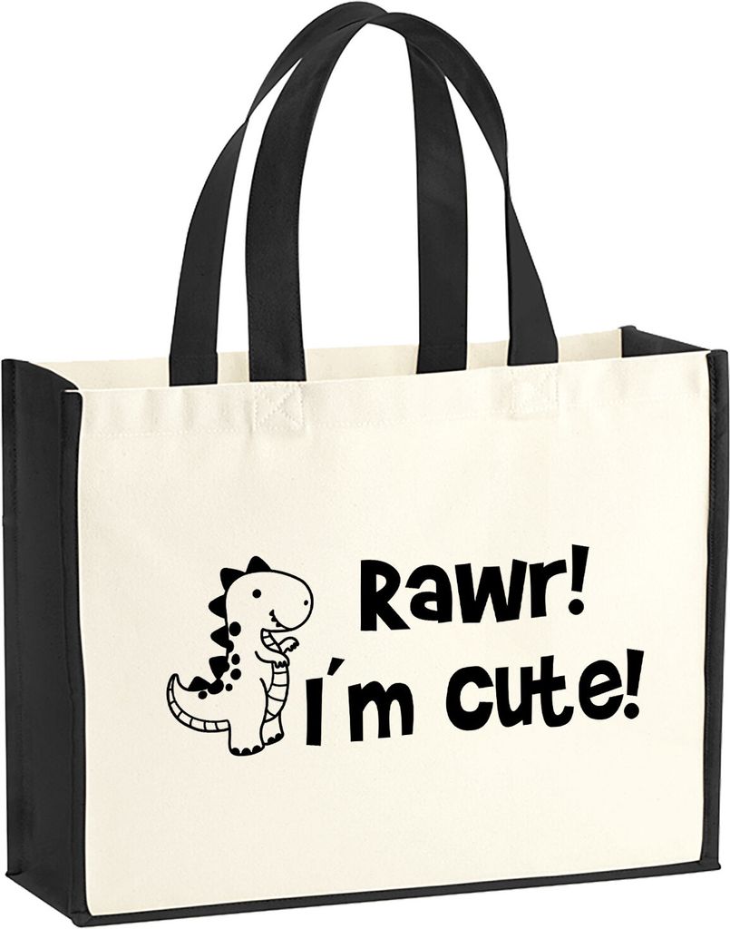 Huuraa Jutetasche T-Rex I`m cute 21 Liter Black Jute und Baumwolle Einkaufstasche Geschenkidee