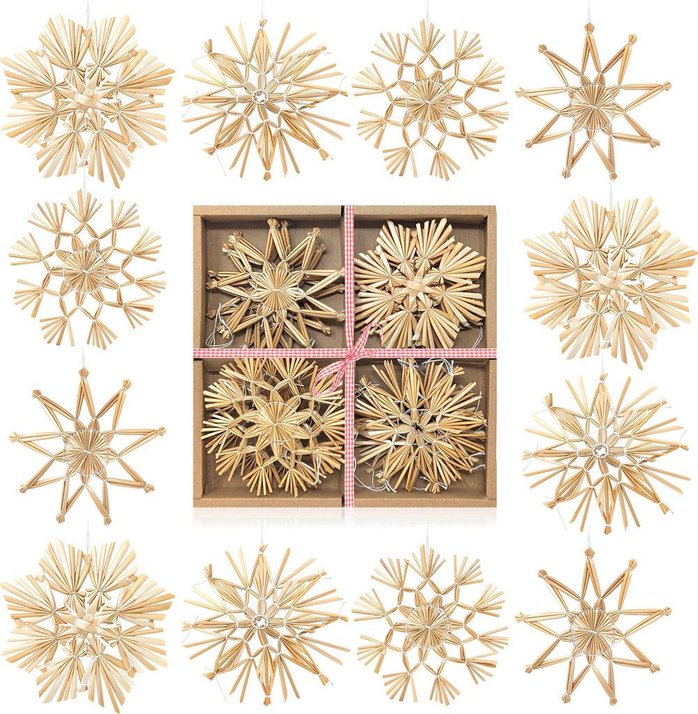com-four 12x Strohsterne im Mix-Set - Christbaum-Schmuck - Stroh-Anhänger für den Weihnachtsbaum - natürlicher Christbaum-Behang - Weihnachtsd...
