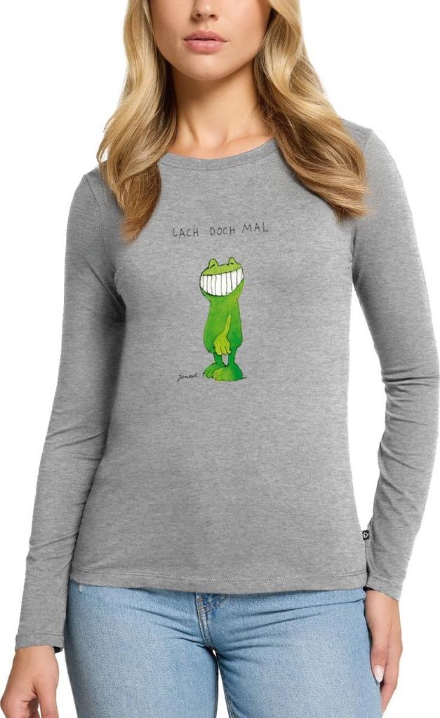 Spreadshirt Janosch Günter Kastenfrosch Lach Doch Mal Premium Langarmshirt Damen, M, Grau meliert