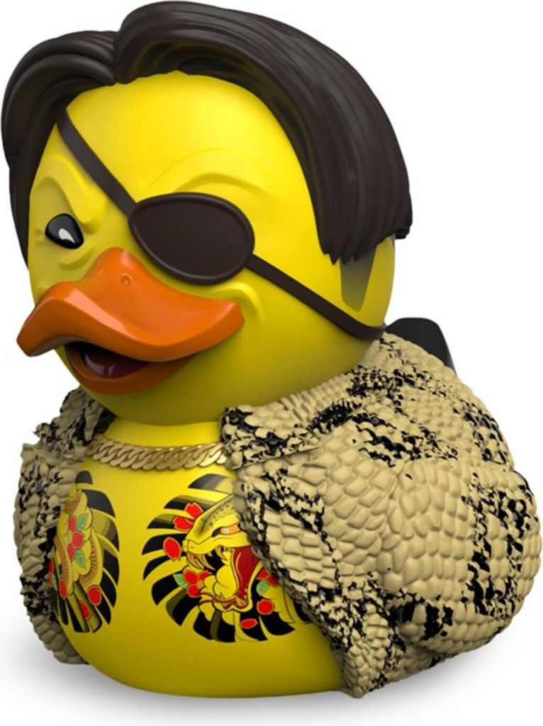 A yellow rubber duck with a pirate eye patch, dark hair, and a snakeskin-patterned coat.