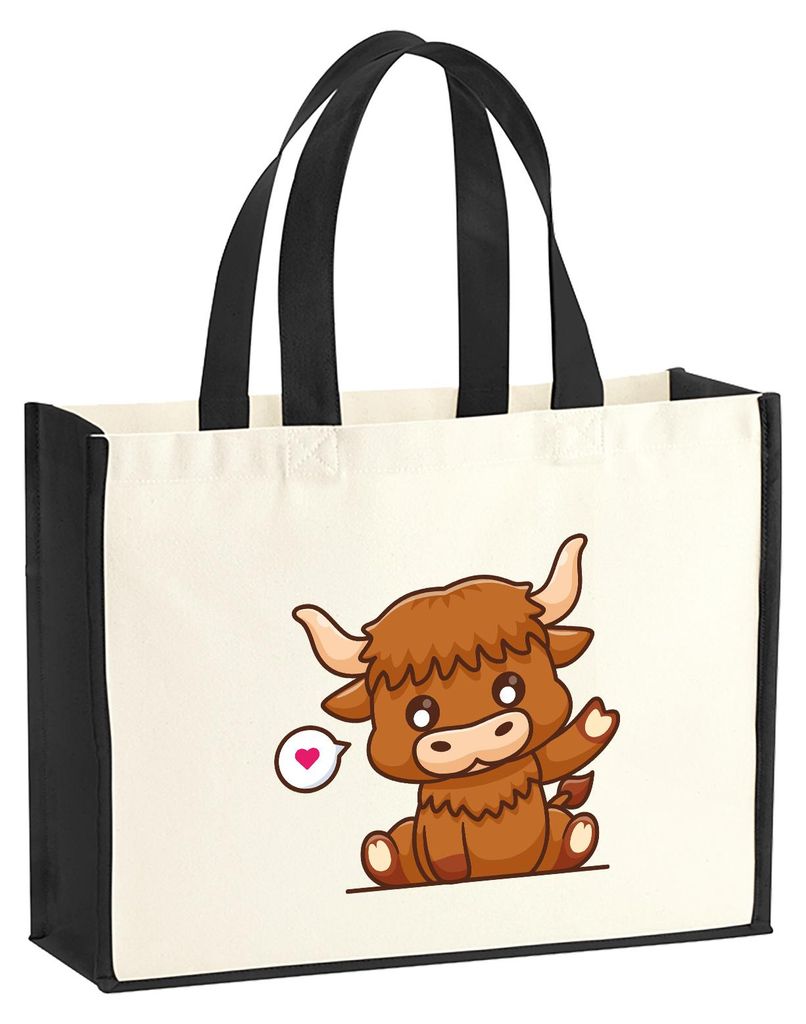 Huuraa Jutetasche Schottisches Hochlandrind Zottelrind 21 Liter Black Jute und Baumwolle Einkaufstasche Geschenkidee