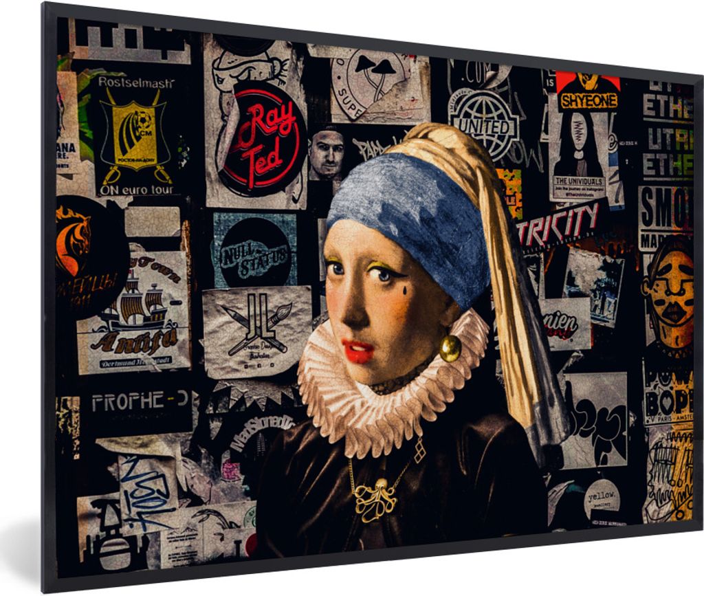 MuchoWow Gerahmtes Poster Das Mädchen mit dem Perlenohrring - Tätowierung - Vermeer 60x40 cm - Poster mit Schwarzem Bilderrahmen Wandposter Rah...