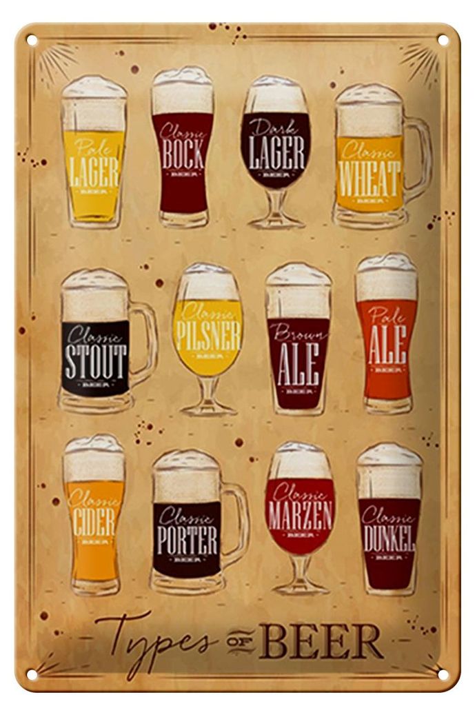 Blechschild Spruch 20x30cm Types of Beer Bier Sorten