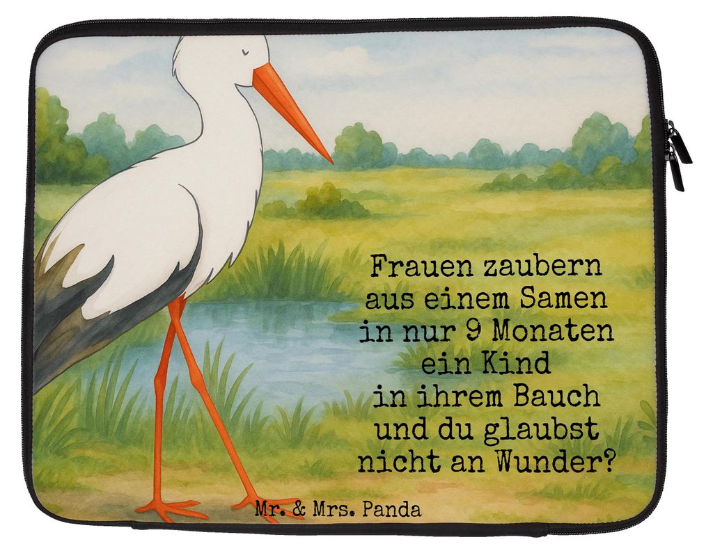 Mr. & Mrs. Panda Laptop Tasche Storch Design 33 x 42 cm - Weiß - Geschenk, Notebook, Laptoptasche, Schwangerschaft, Computertasche, Lustige Sprüc...