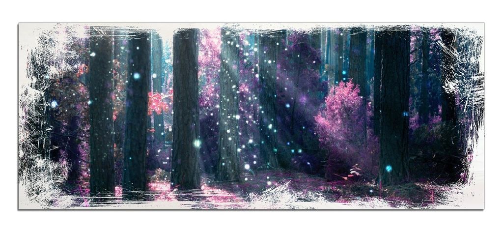 Wallario Kunstdrucke Wandbilder Holz in : Brillante Farben, Größe 50 x 125 cm Motiv Fantasie im Wald - Pinke Blumen in der Sonne