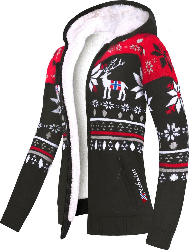 Nebulus Norweger Jacke Hoody mit Teddyfell NORON Damen, mit Kapuze, schicker Pullover im Norweger-Style, P6408 - Damen, schwarz-rot, L/40