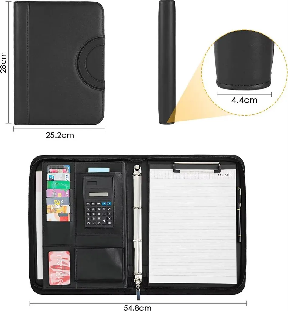Porte-documents en cuir noir A4 avec fermeture éclair et bloc-notes