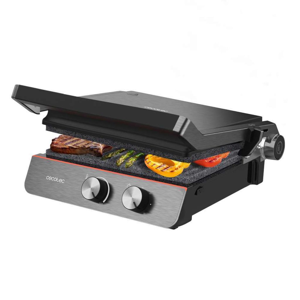 A close-up, angled view of an electric grill with food on it, set against a white background.