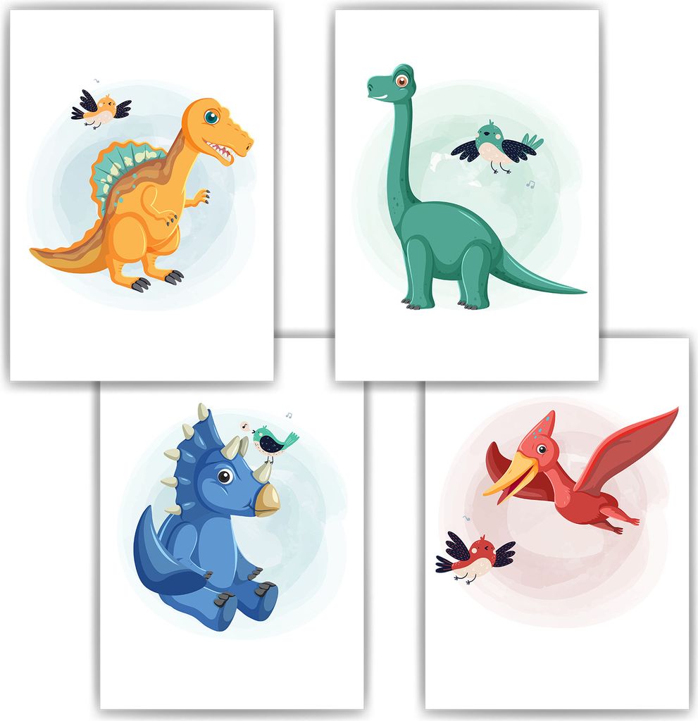 Dinosaurier Bilder 4er Set DIN A4 Kinderzimmer Wandbilder Babyzimmer Poster Dekoration